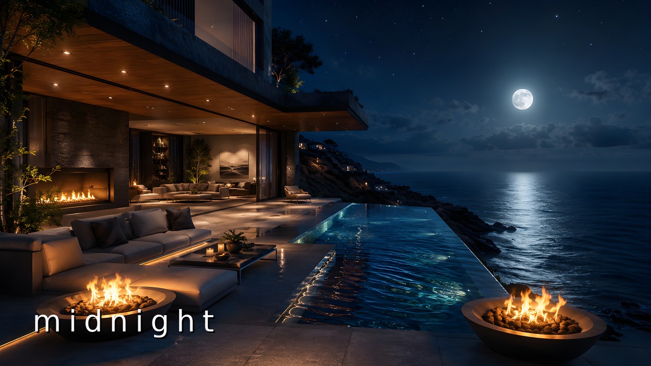 Luxurious cliffside villa at night with an infinity pool and firebowls under a full moon