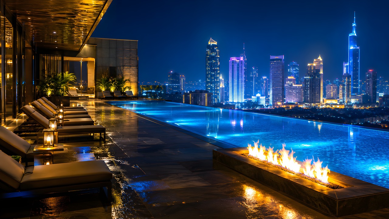 Rooftop infinity pool with a neon city skyline